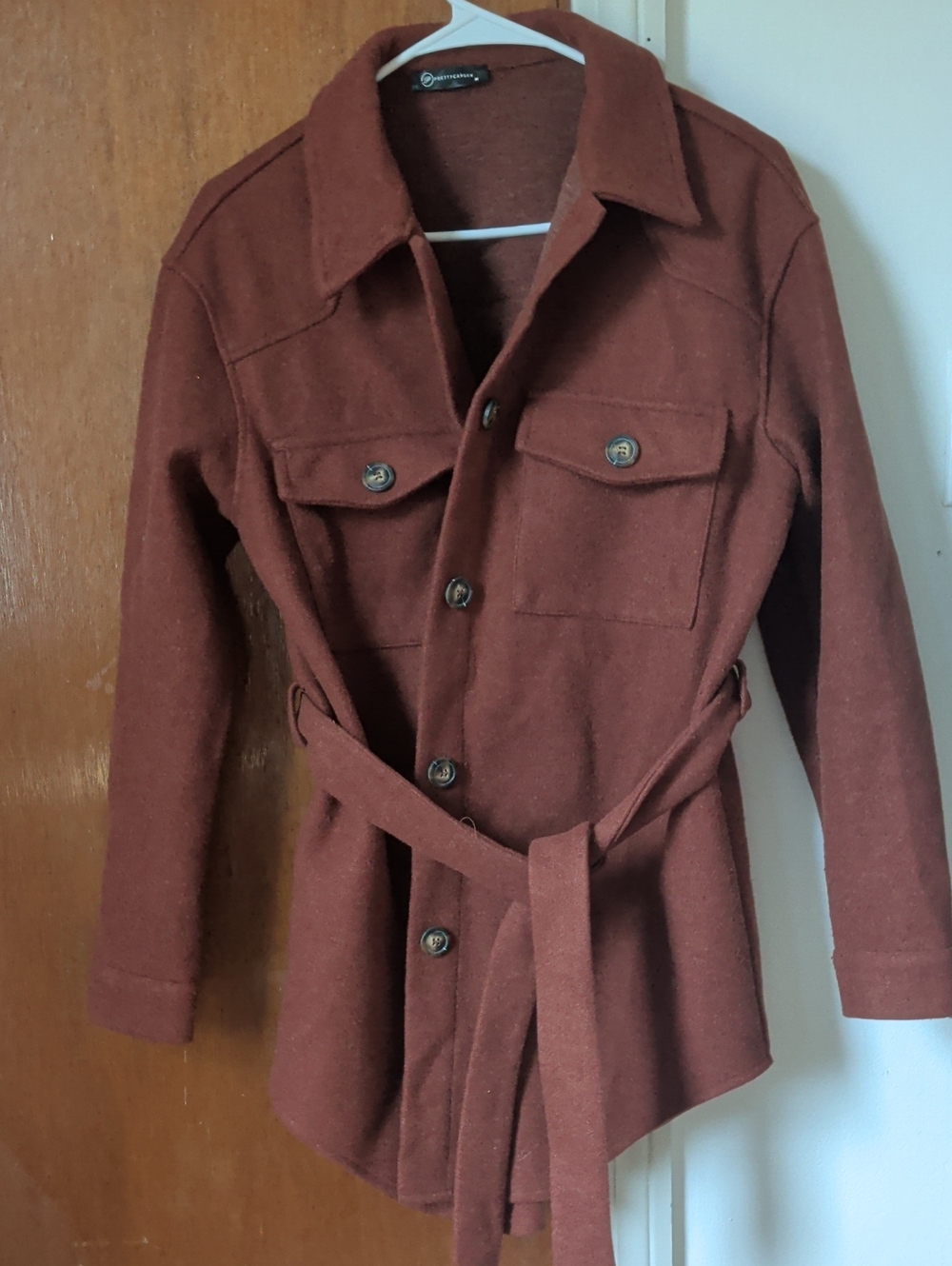 Prettygarsen Belted Shacket in Rustic Brown/Orange